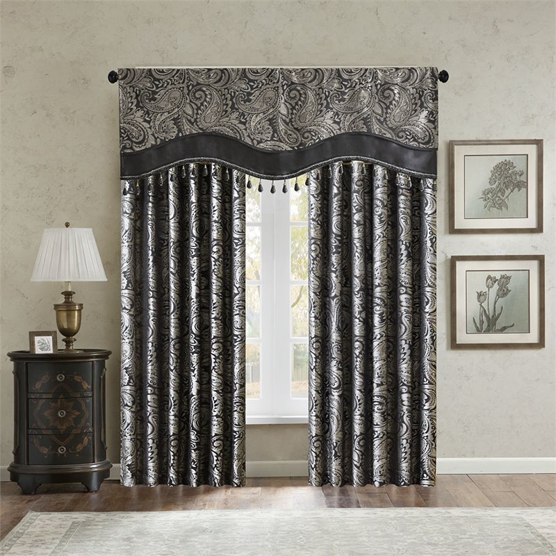 Madison Park Aubrey Polyester Jacquard Window Valance with Beads in Black/Gold