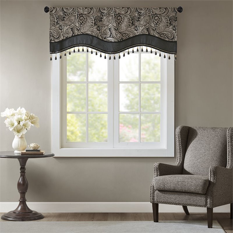 Madison Park Aubrey Polyester Jacquard Window Valance with Beads in Black/Gold