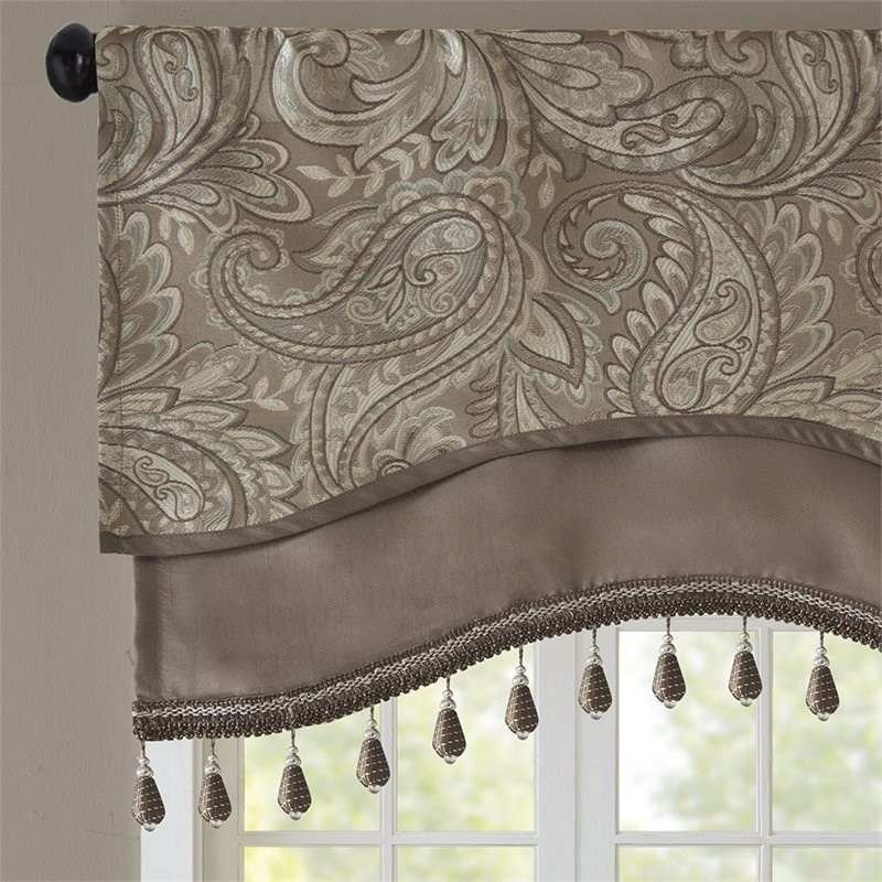 Madison Park Aubrey Polyester Jacquard Window Valance with Beads in Brown/Blue