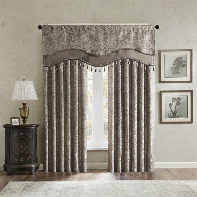 Madison Park Aubrey Polyester Jacquard Window Valance with Beads in Brown/Blue
