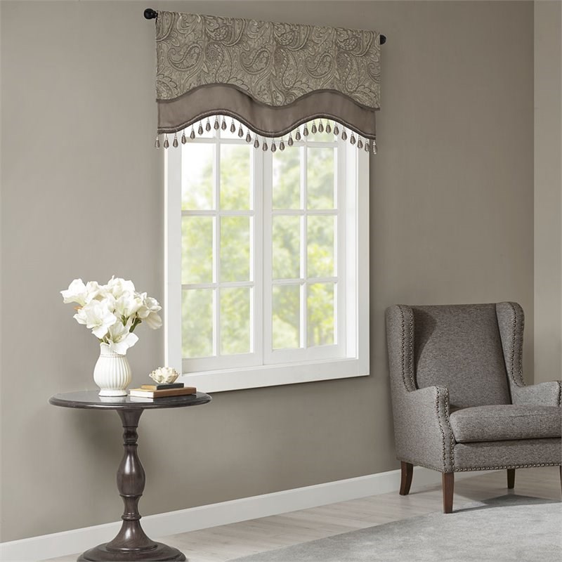Madison Park Aubrey Polyester Jacquard Window Valance with Beads in Brown/Blue