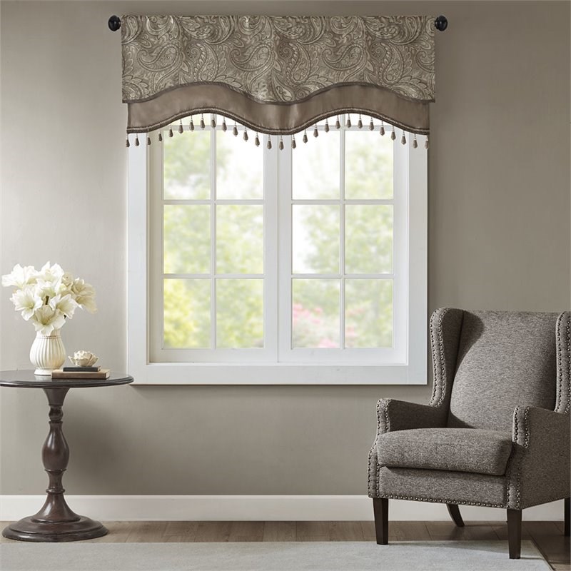 Madison Park Aubrey Polyester Jacquard Window Valance with Beads in Brown/Blue
