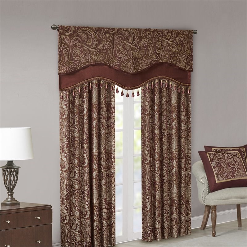 Madison Park Aubrey Polyester Jacquard Window Valance with Beads in Red/Gold