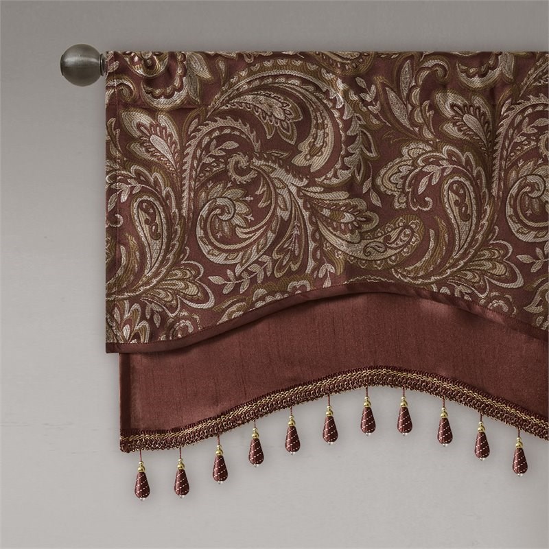 Madison Park Aubrey Polyester Jacquard Window Valance with Beads in Red/Gold