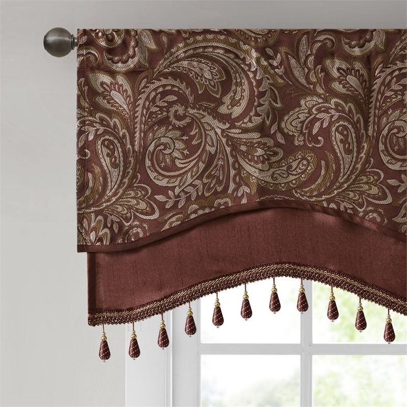 Madison Park Aubrey Polyester Jacquard Window Valance with Beads in Red/Gold