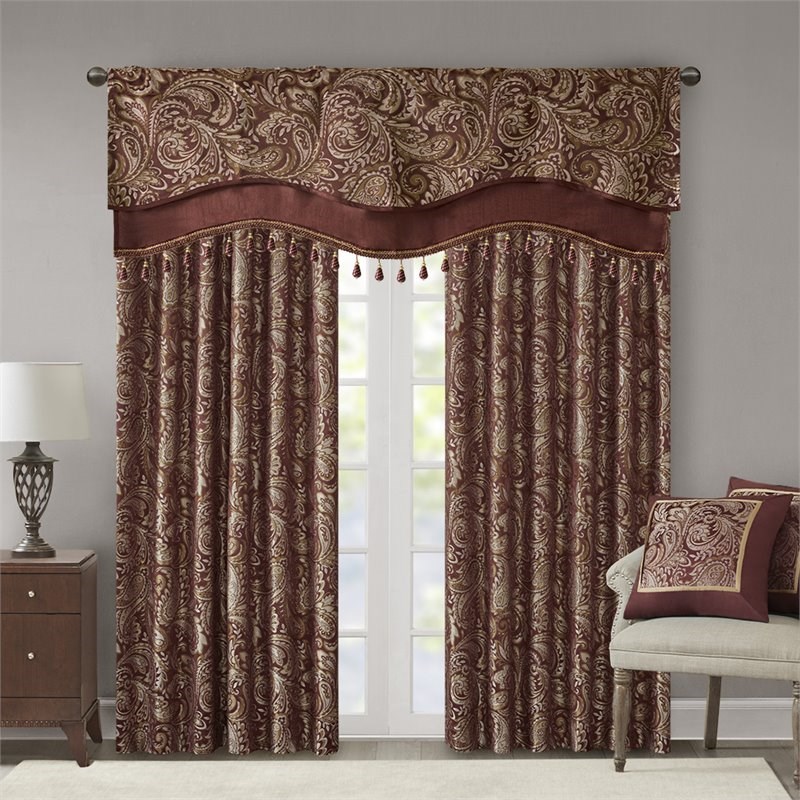 Madison Park Aubrey Polyester Jacquard Window Valance with Beads in Red/Gold