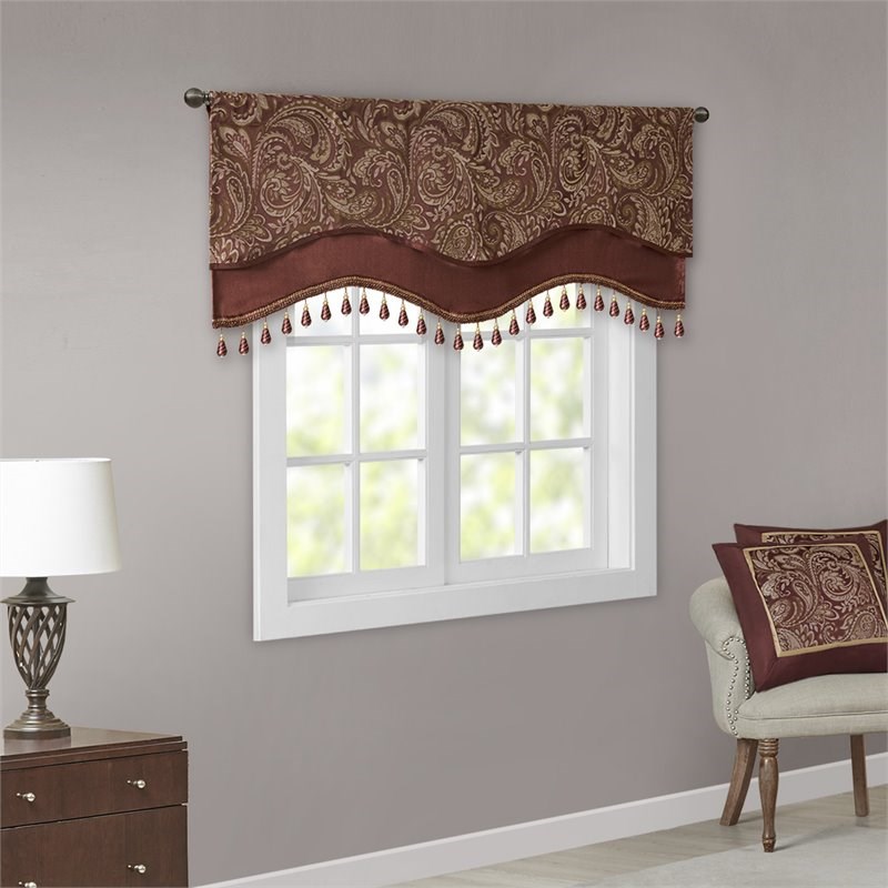 Madison Park Aubrey Polyester Jacquard Window Valance with Beads in Red/Gold