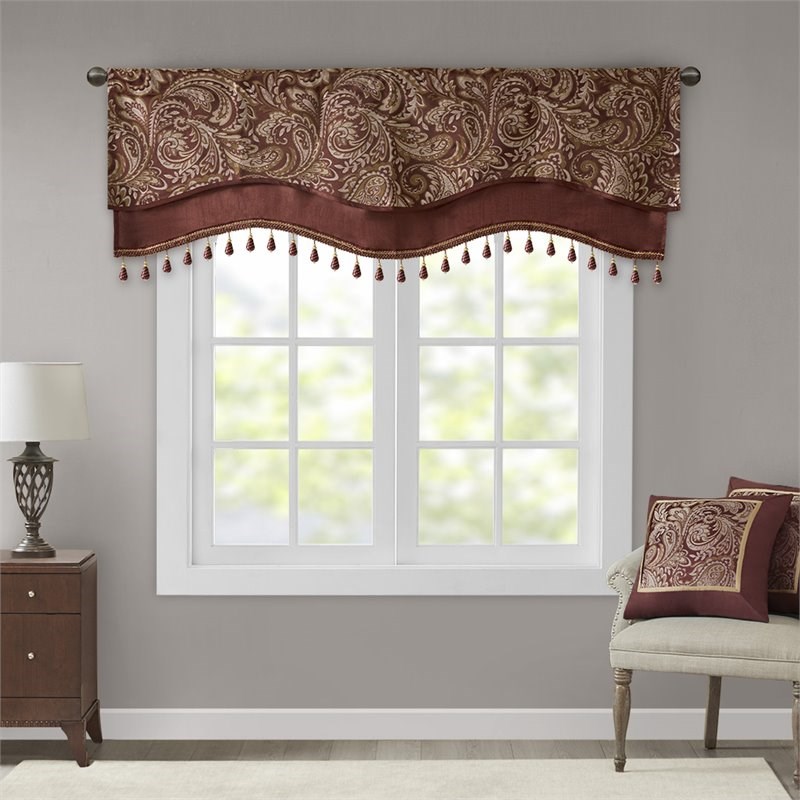Madison Park Aubrey Polyester Jacquard Window Valance with Beads in Red/Gold
