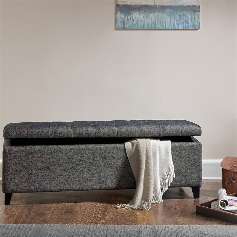 Madison Park Shandra Wood and Fabric Tufted Top Storage Bench in Charcoal