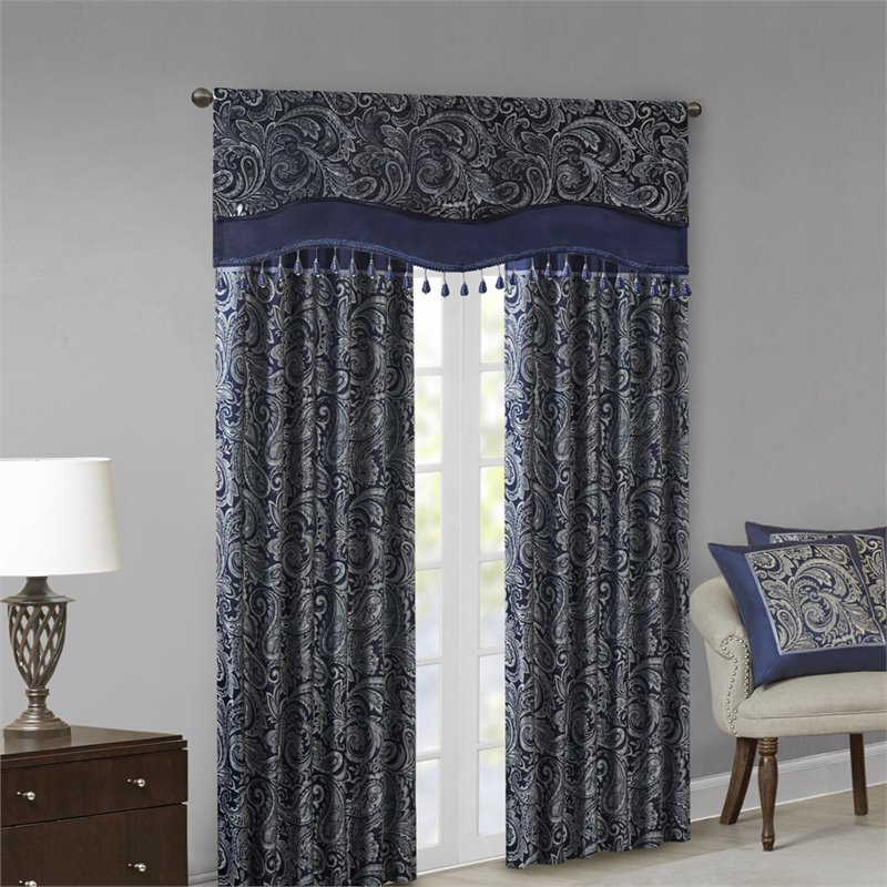 Madison Park Aubrey Polyester Jacquard Window Valance with Beads in Navy/Ivory