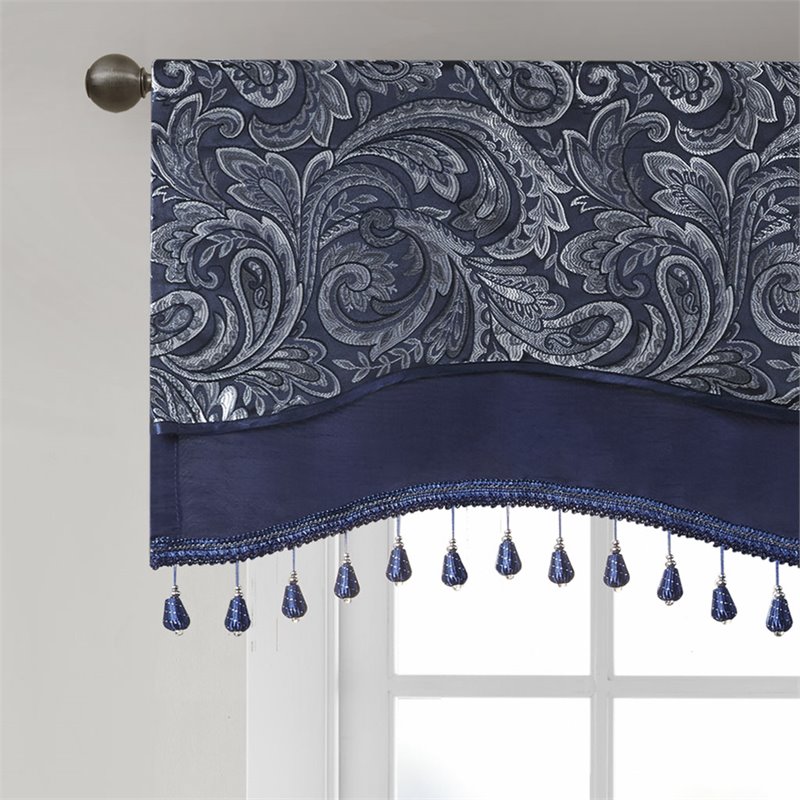 Madison Park Aubrey Polyester Jacquard Window Valance with Beads in Navy/Ivory