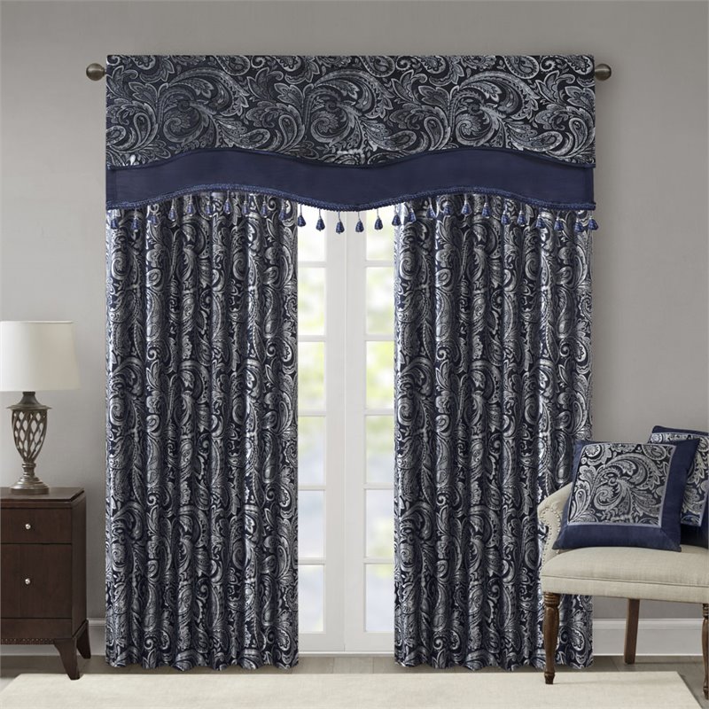 Madison Park Aubrey Polyester Jacquard Window Valance with Beads in Navy/Ivory