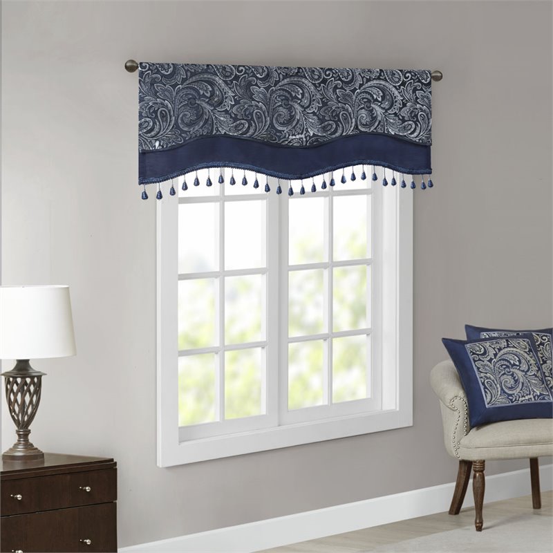 Madison Park Aubrey Polyester Jacquard Window Valance with Beads in Navy/Ivory