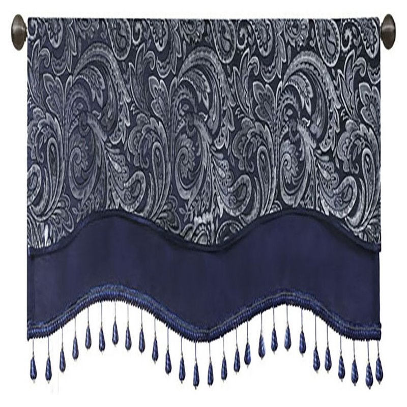 Madison Park Aubrey Polyester Jacquard Window Valance with Beads in Navy/Ivory