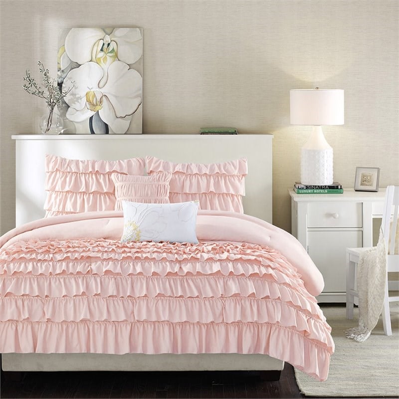 Intelligent Design Microfiber Waterfall Ruffled Comforter Set in Blush Pink