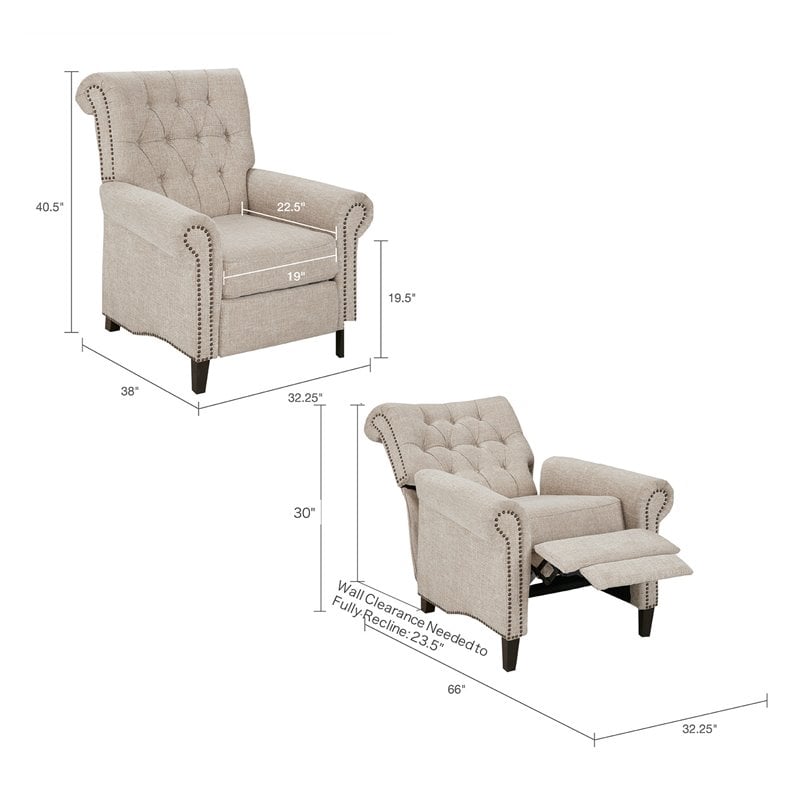 Madison Park Aidan Fabric and Solid Wood Push Back Recliner in Cream
