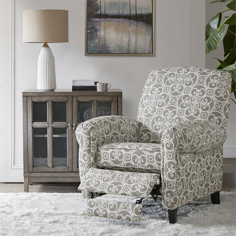 Madison Park Kirby Fabric and Solid Wood Push Back Recliner in Gray