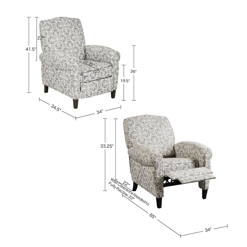 Madison Park Kirby Fabric and Solid Wood Push Back Recliner in Gray