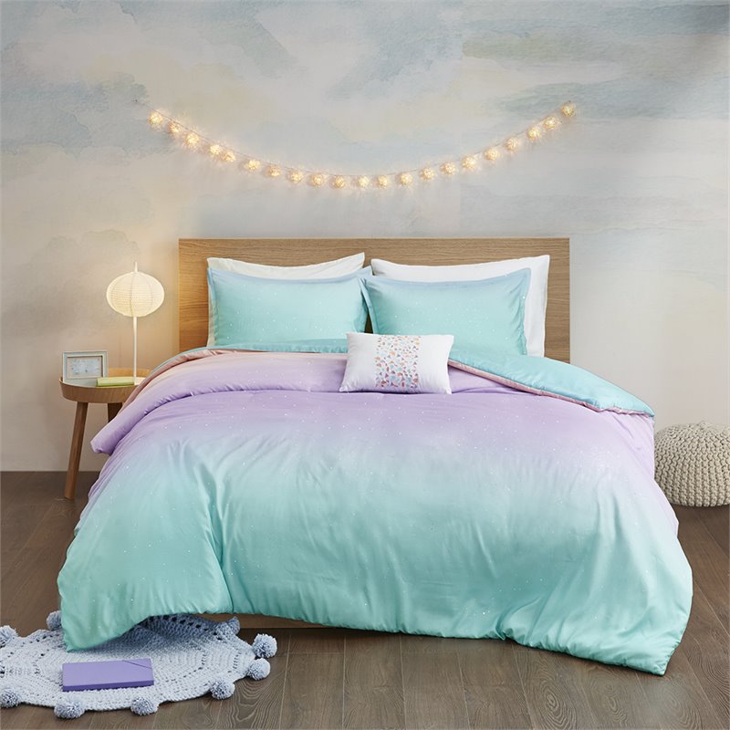mi zone glimmer polyester glitter twin/twin xl duvet cover set in aqua blue