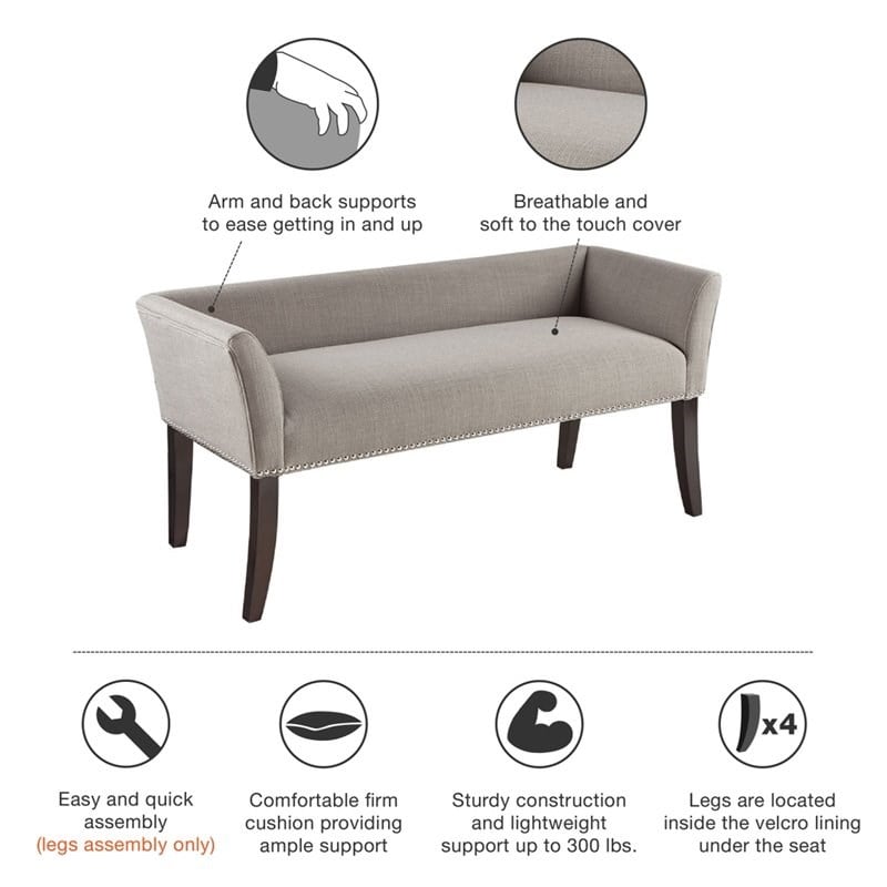 Madison Park Welburn Solid Wood and Fabric Upholstered Accent Bench in Gray
