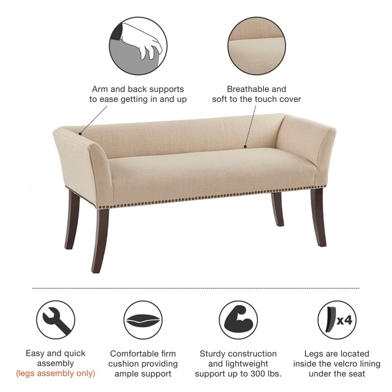 Madison Park Welburn Solid Wood and Fabric Upholstered Accent Bench in Cream