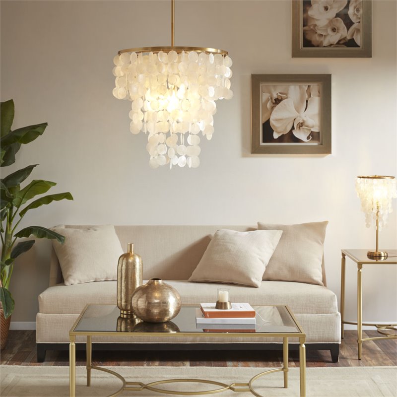 Urban Habitat Isla Transitional Metal and Shells Capiz Chandelier in Gold/White