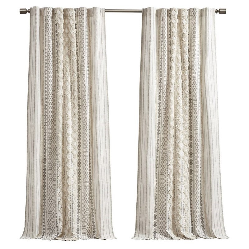 INK+IVY Imani Cotton Printed Window Panel with Chenille Stripe in Ivory
