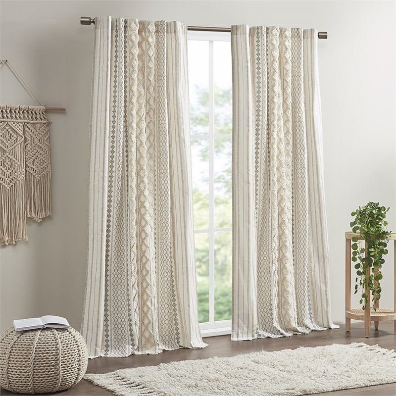 INK+IVY Imani Cotton Printed Window Panel with Chenille Stripe in Ivory