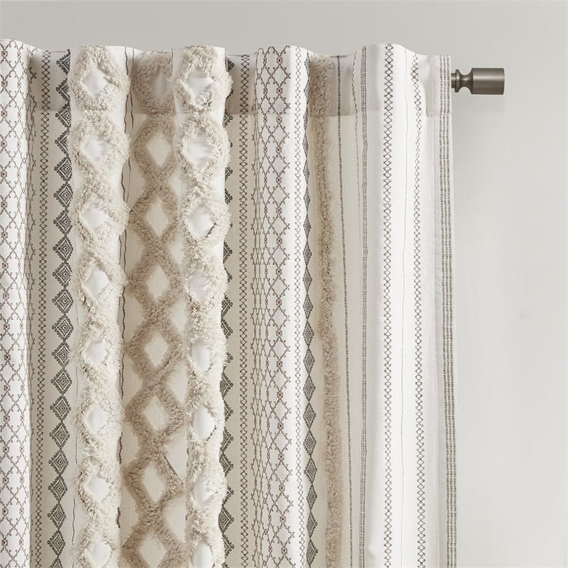 INK+IVY Imani Cotton Printed Window Panel with Chenille Stripe in Ivory