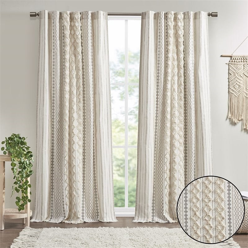 INK+IVY Imani Cotton Printed Window Panel with Chenille Stripe in Ivory