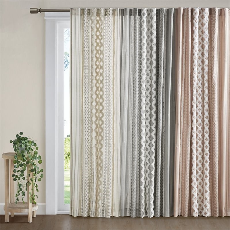 INK+IVY Imani Cotton Printed Window Panel with Chenille Stripe in Ivory