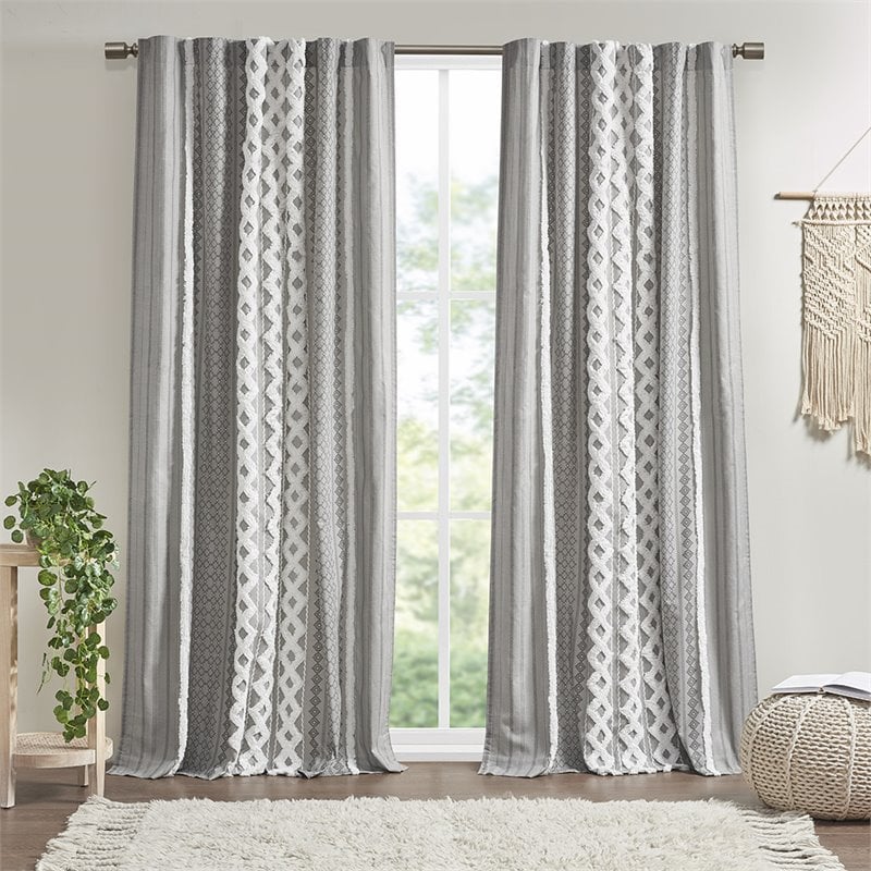 INK+IVY Imani Cotton Printed Window Panel with Chenille Stripe in Gray