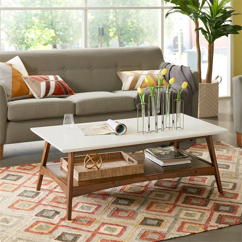 Madison Park Parker Mid-Century Solid Wood Coffee Table in Off White/Pecan