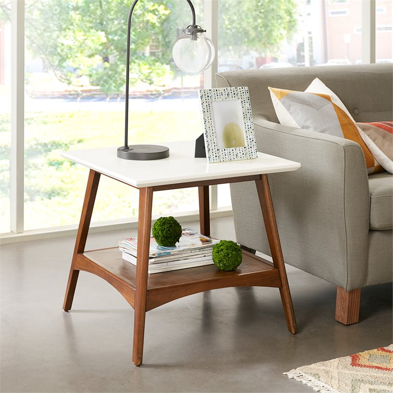 Madison Park Parker Mid-Century Rubber Wood End Table in Off White/Pecan