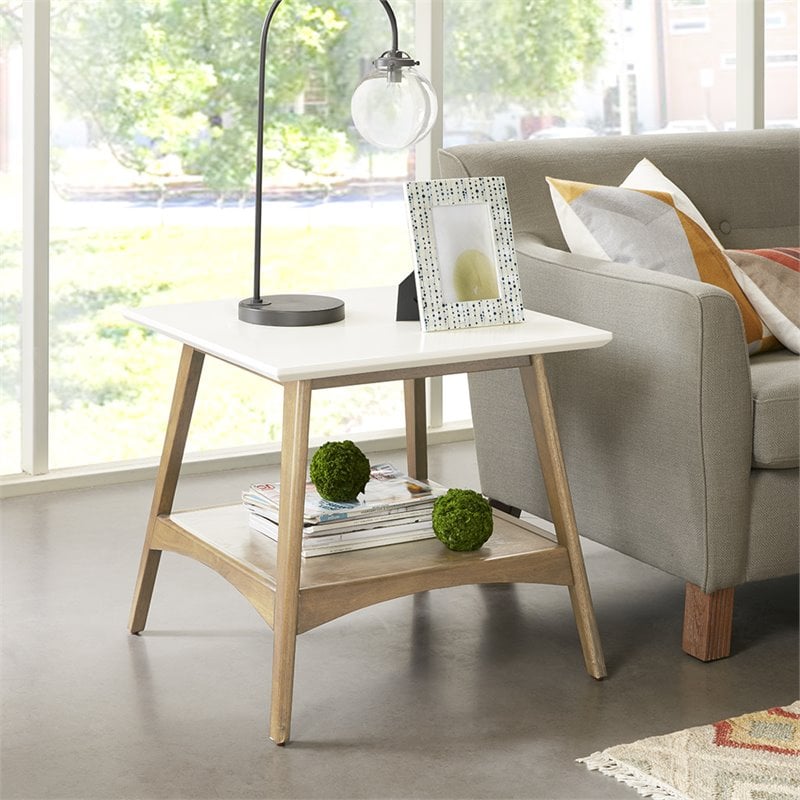 Madison Park Parker Mid-Century Solid Wood End Table in Off White/Natural