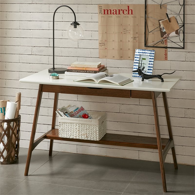 Madison Park Mid-Century MDF Rubber Wood Parker Desk in Off White/Pecan