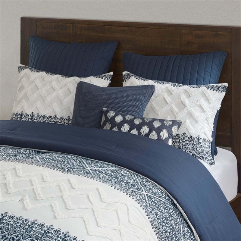 INK+IVY Mila 3-Piece Cotton Printed Comforter Set with Chenille in Navy