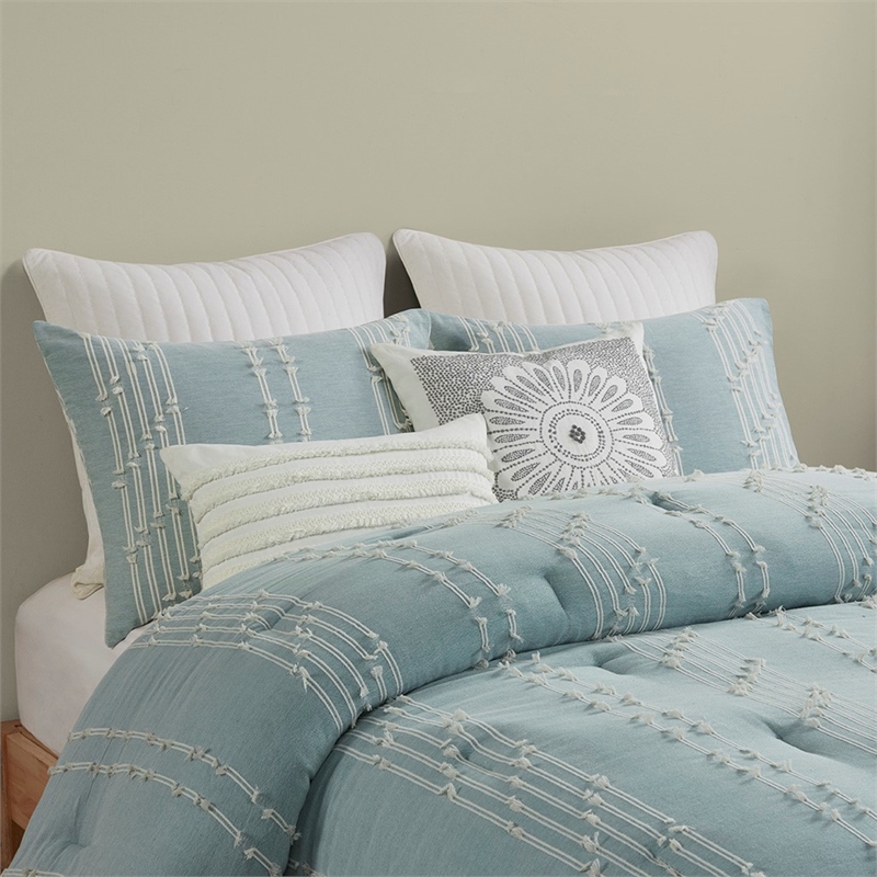 INK+IVY Kara 3-Piece Cotton Modern Jacquard Comforter Set in Aqua Blue
