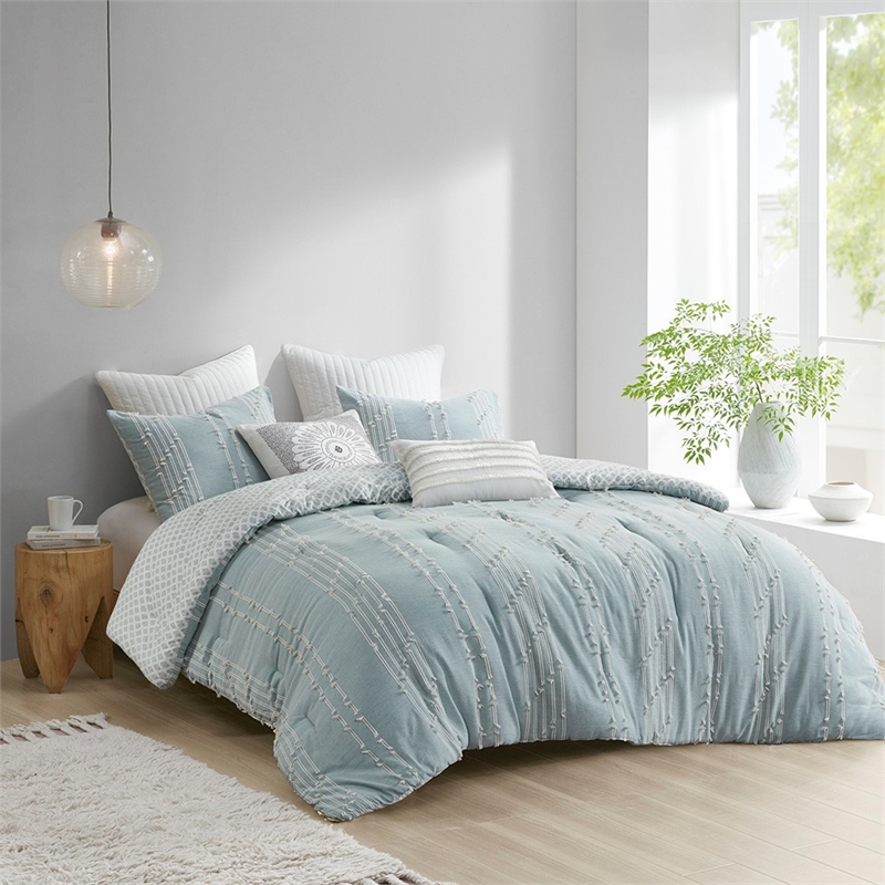 INK+IVY Kara 3-Piece Cotton Modern Jacquard Comforter Set in Aqua Blue