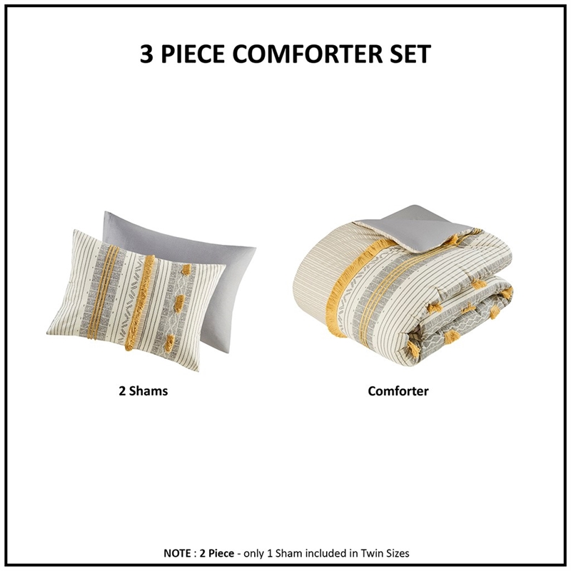 INK+IVY Cody 3-Piece Contemporary Cotton Comforter Set in Gray/Yellow