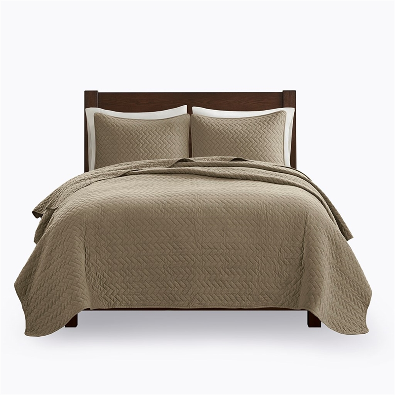 Hampton Hill Transitional Polyester Fabric Coverlet Mini Set in Taupe/Brown