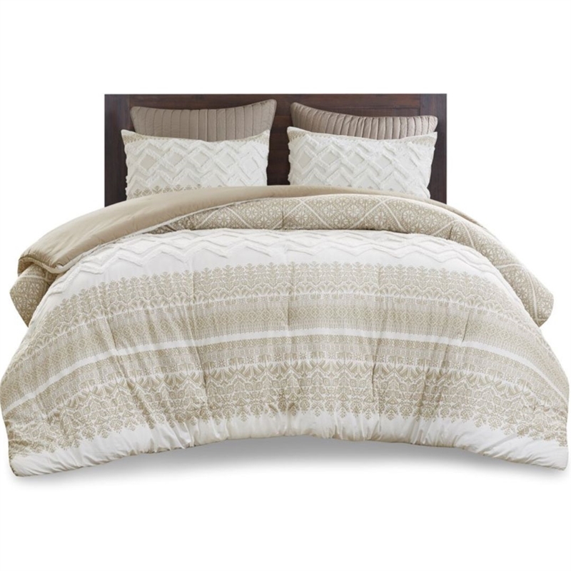 INK+IVY Mila 3-Piece Cotton Printed Comforter Set with Chenille in Brown