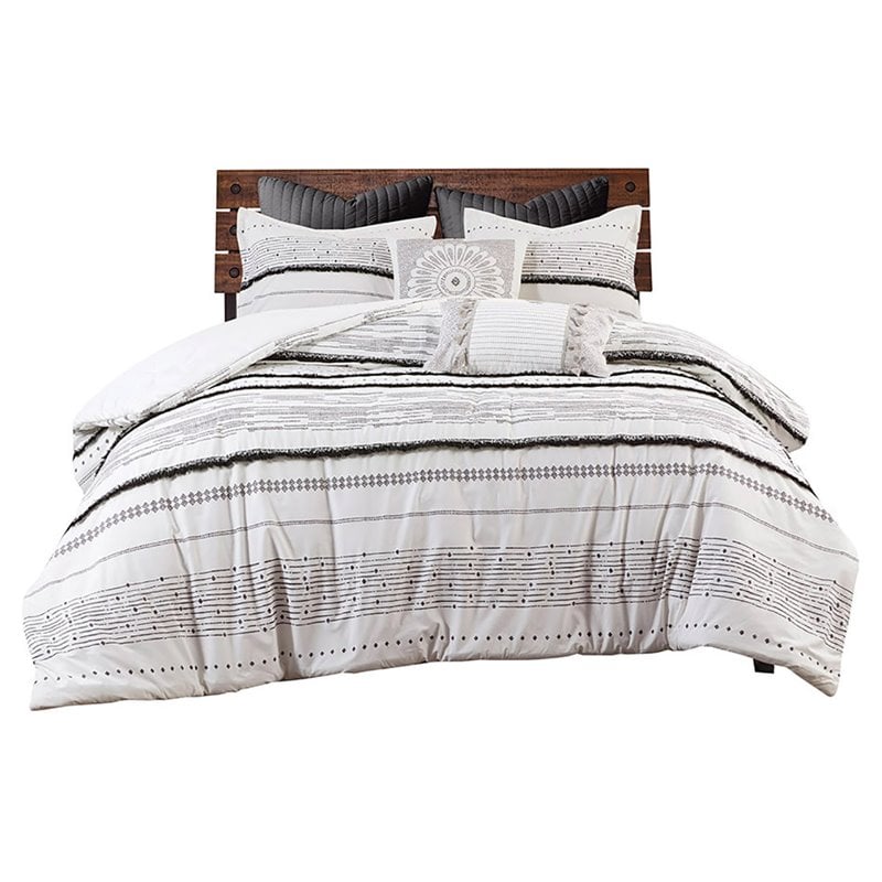 INK+IVY 3-Piece Cotton Printed Comforter Set with Trims in Black/White