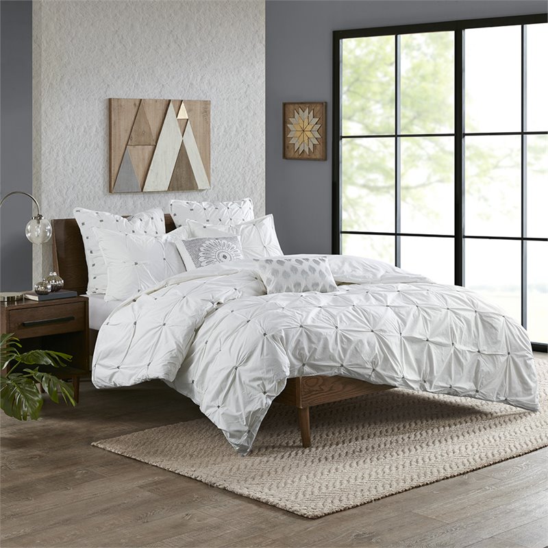INK+IVY Masie Mid-Century Cotton Percale Comforter Set with Embroidery in White
