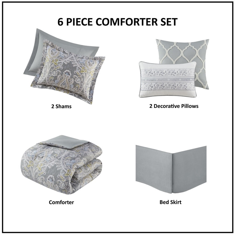 Harbor House Hallie 6-Piece Cotton Sateen Printed Comforter Set in Gray Finish