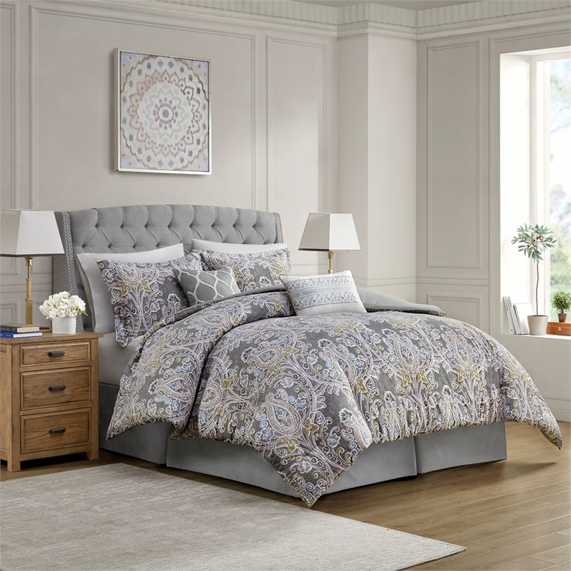 Harbor House Hallie 6-Piece Cotton Sateen Printed Comforter Set - Gray Finish
