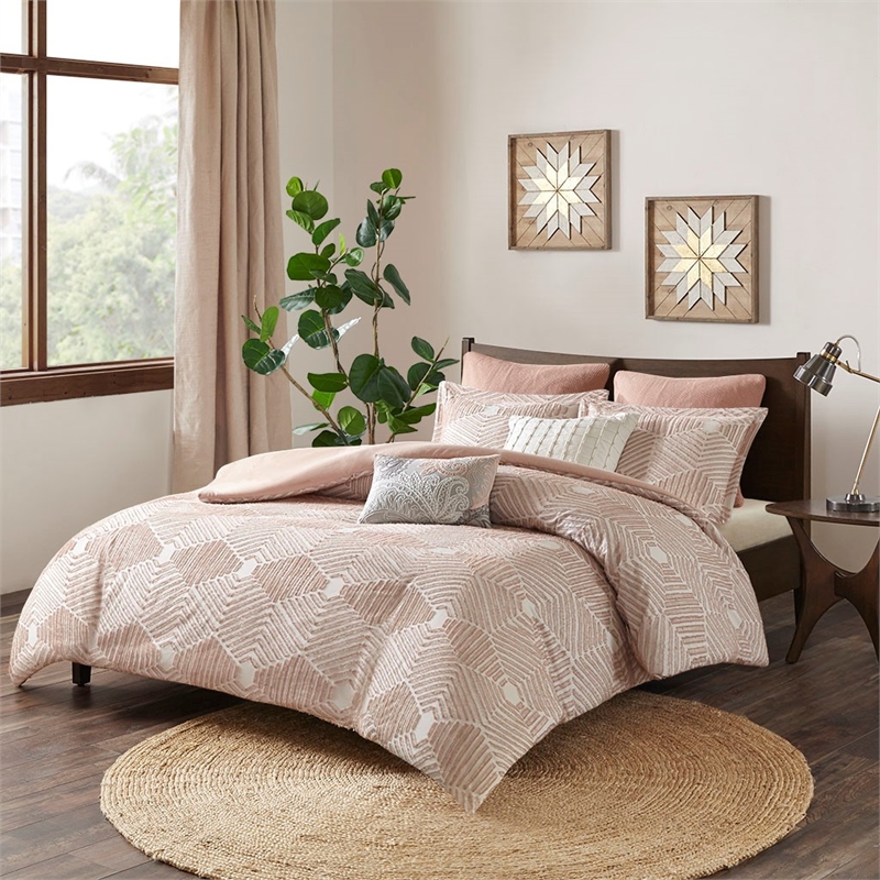 INK+IVY Ellipse Cotton Clipped Jacquard Duvet Cover Set in Blush Pink