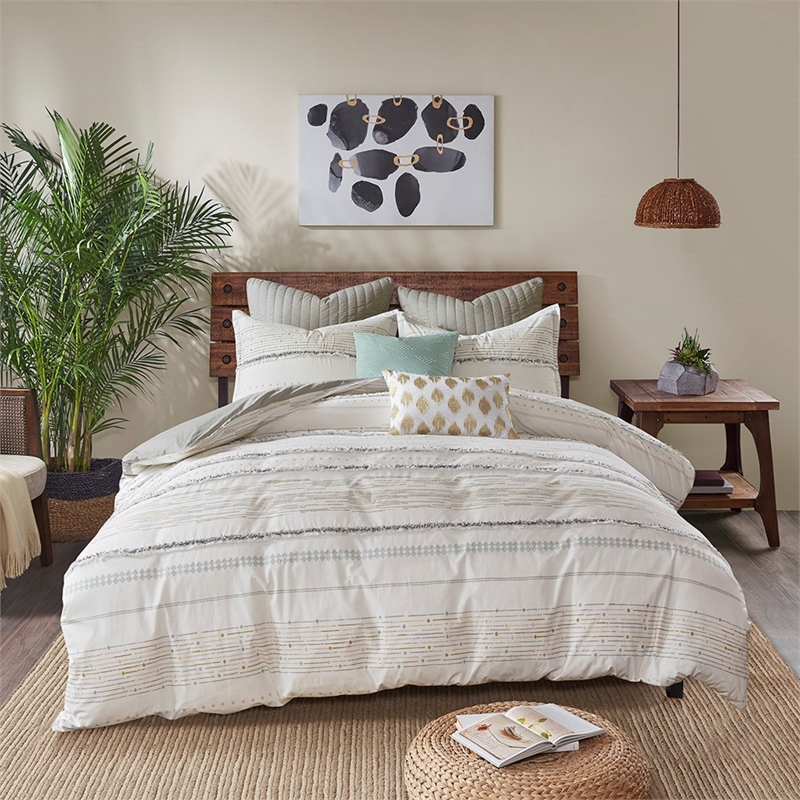 INK+IVY Nea Cotton Printed Duvet Cover Set with Trims in Off White/Gray