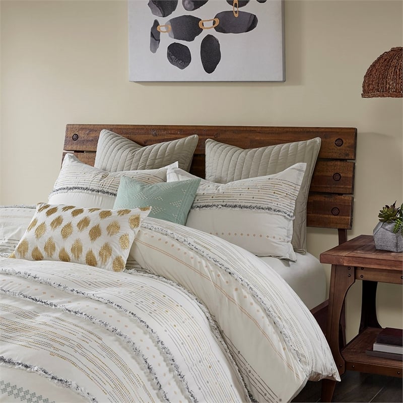 INK+IVY Nea Cotton Printed Duvet Cover Set with Trims in Off White/Gray