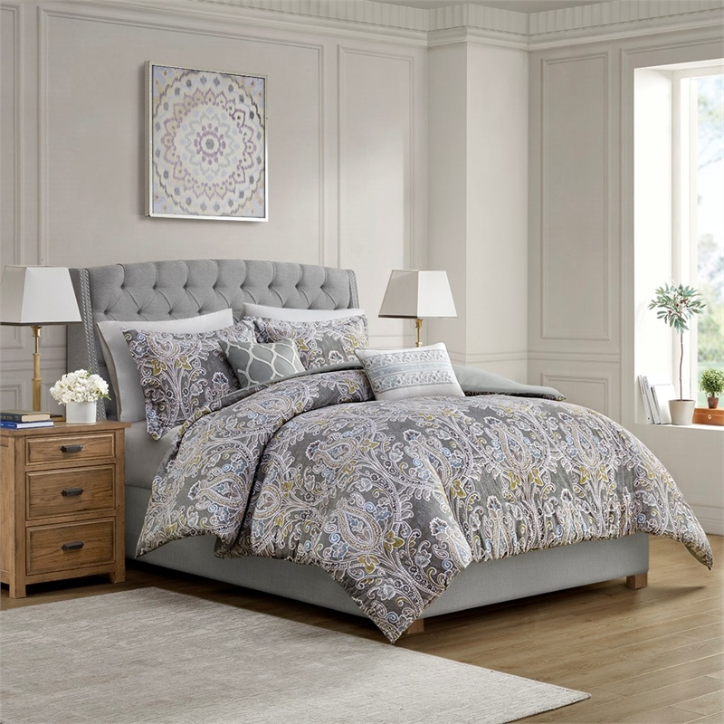 Harbor House Hallie 5-Piece Cotton Sateen Printed Duvet Set in Gray